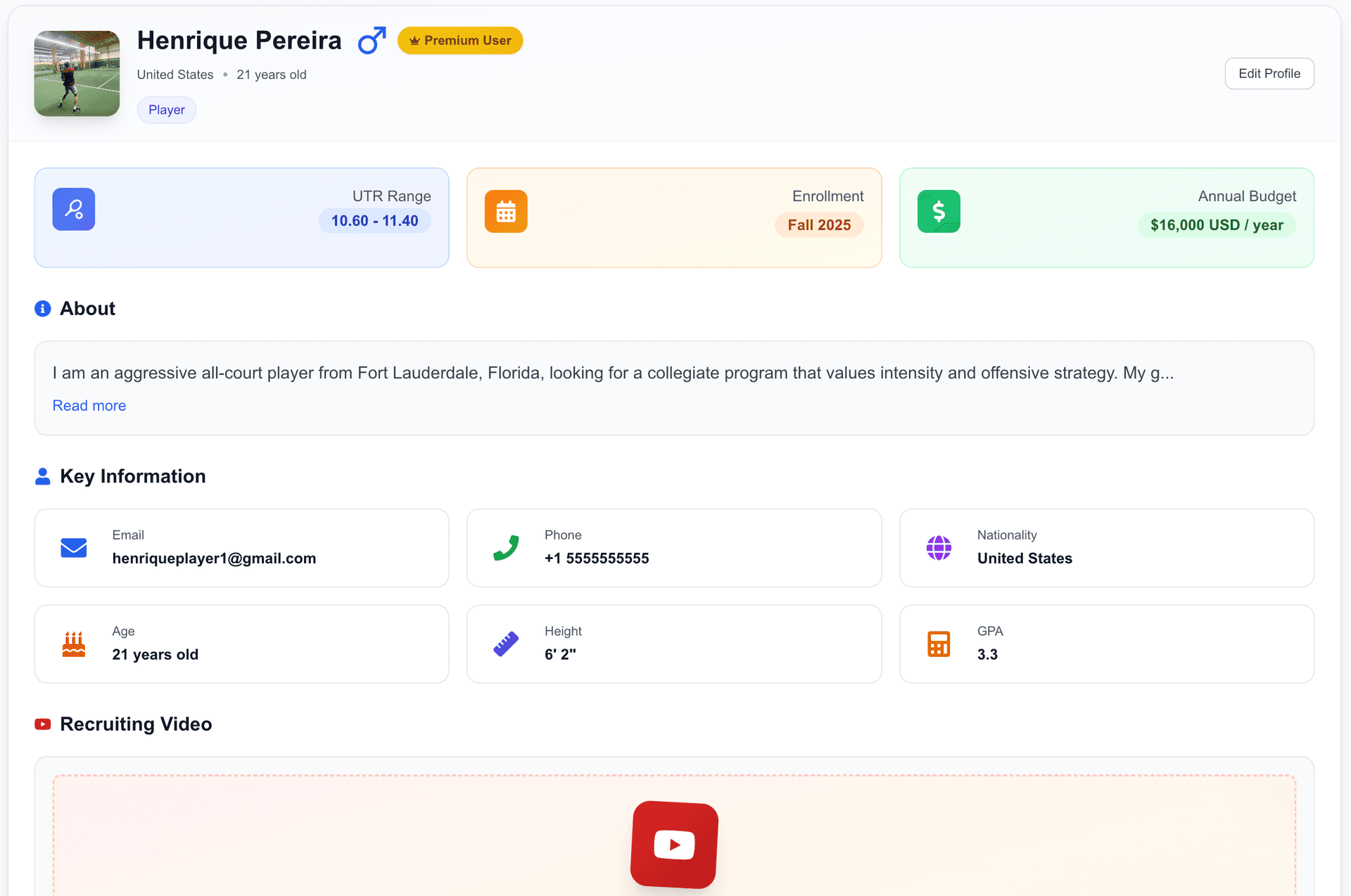 Player profile view showing UTR ratings, bio, stats, contact info, and recruiting video - what coaches see when browsing players
