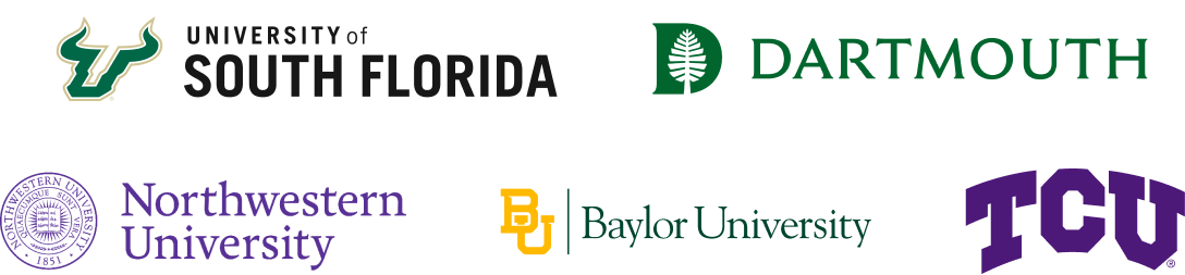 Logos of University of South Florida, Northwestern, Dartmouth and Baylor University